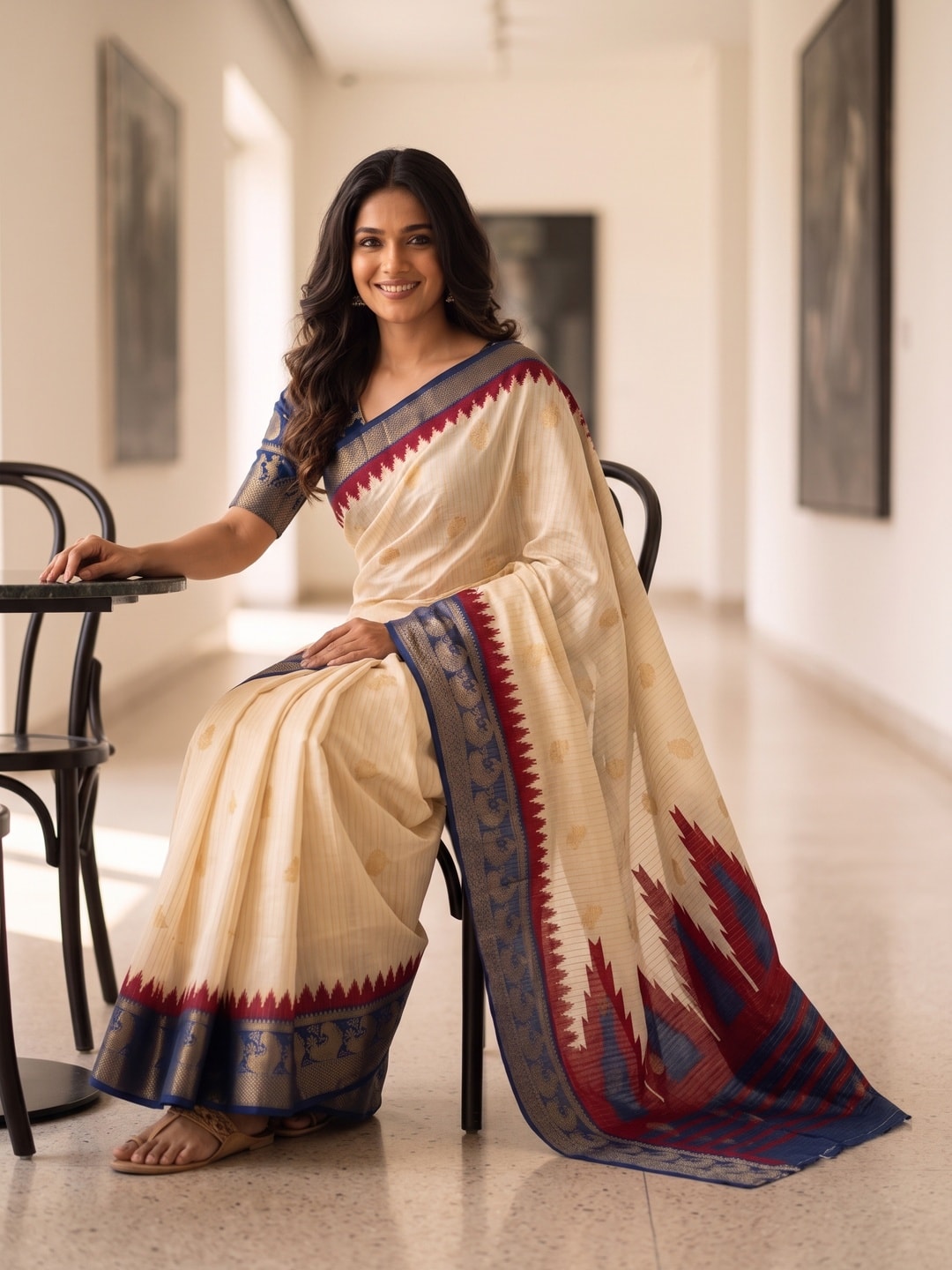 Peachmode Cream & Navy Blue Semi Kanchi Pure Cotton Feel Zari Weaving Line Butti Saree With Temple Design - Image 4