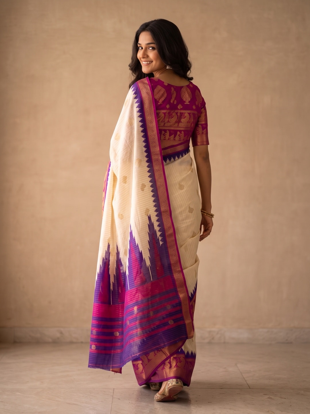 Peachmode Cream & Purple Semi Kanchi Pure Cotton Feel Zari Weaving Line Butti Saree With Temple Design - Image 2
