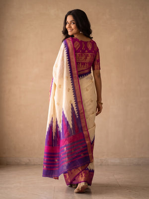 Peachmode Cream & Purple Semi Kanchi Pure Cotton Feel Zari Weaving Line Butti Saree With Temple Design - Image 2