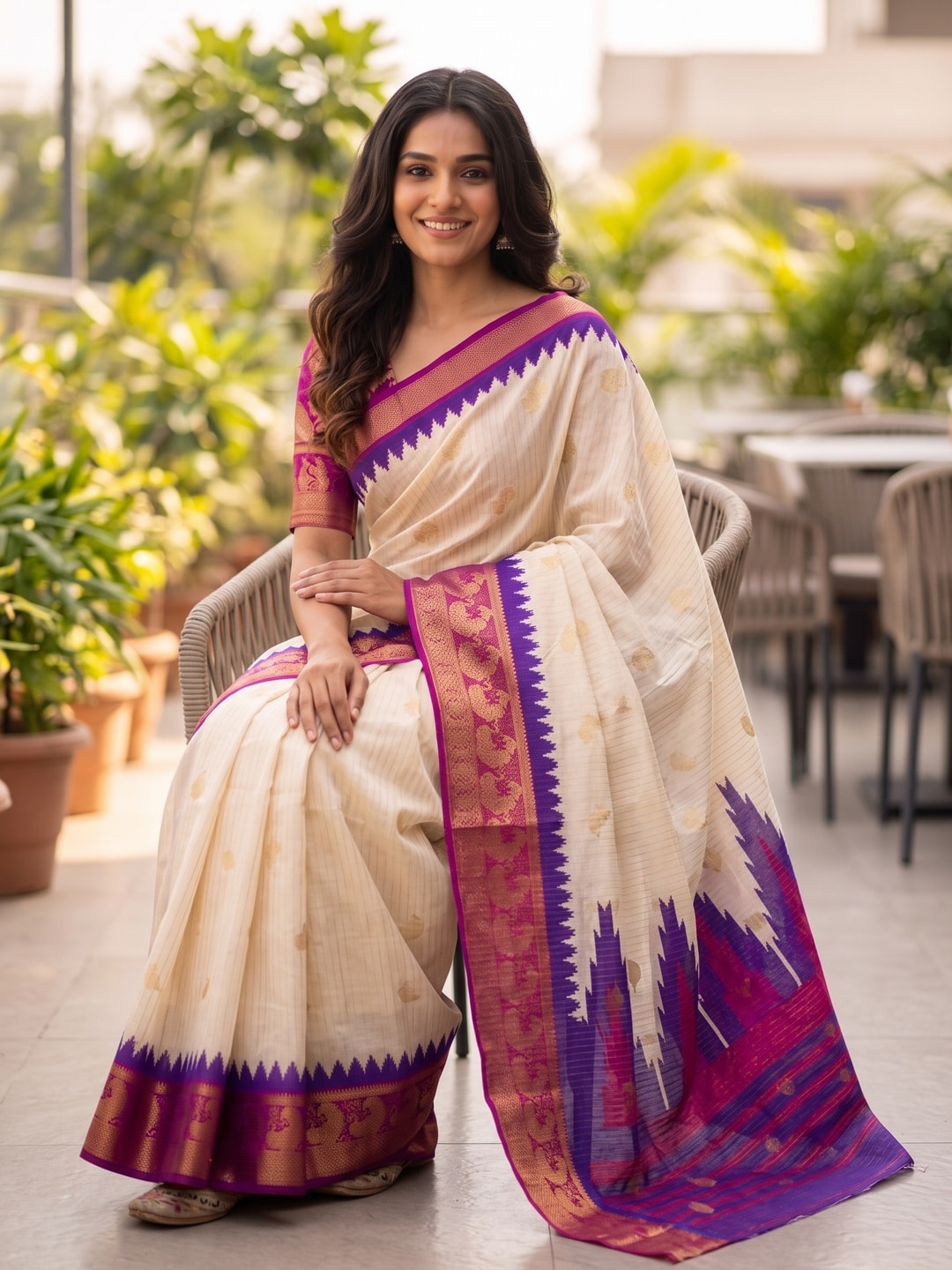 Peachmode Cream & Purple Semi Kanchi Pure Cotton Feel Zari Weaving Line Butti Saree With Temple Design - Image 4