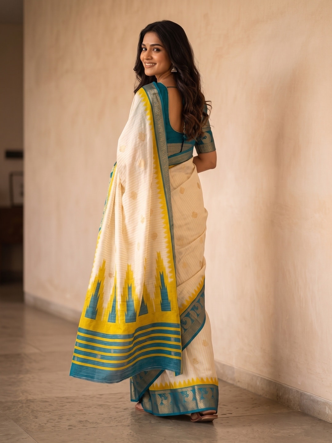Peachmode Cream & Teal Semi Kanchi Pure Cotton Feel Zari Weaving Line Butti Saree With Temple Design - Image 2