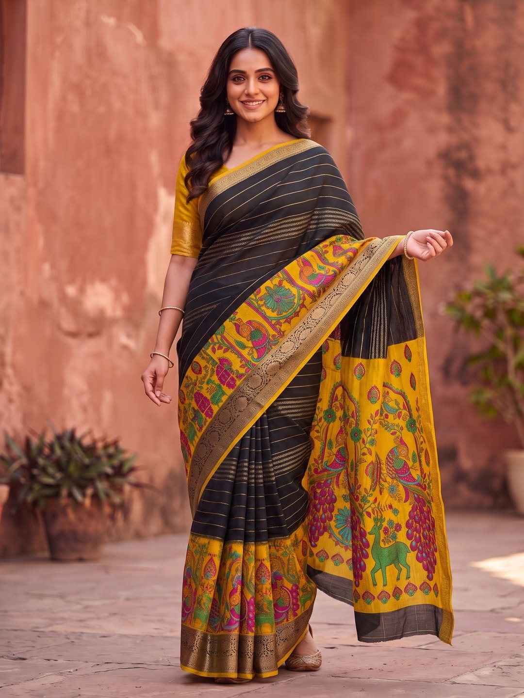 Peachmode Black Semi Kanchi Pure Cotton Feel Zari Weaving Line Butti Saree With Kalamkari Peacock Pallu - Image 1