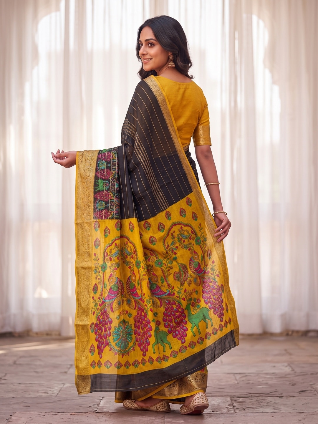 Peachmode Black Semi Kanchi Pure Cotton Feel Zari Weaving Line Butti Saree With Kalamkari Peacock Pallu - Image 2