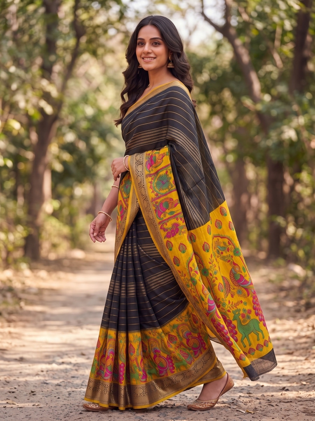 Peachmode Black Semi Kanchi Pure Cotton Feel Zari Weaving Line Butti Saree With Kalamkari Peacock Pallu - Image 3