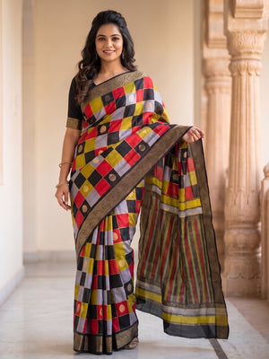 Peachmode Red Marshmallow Self Jacquard Weaving Saree With Fancy Foil Print Multicolour Check Design - Image 1