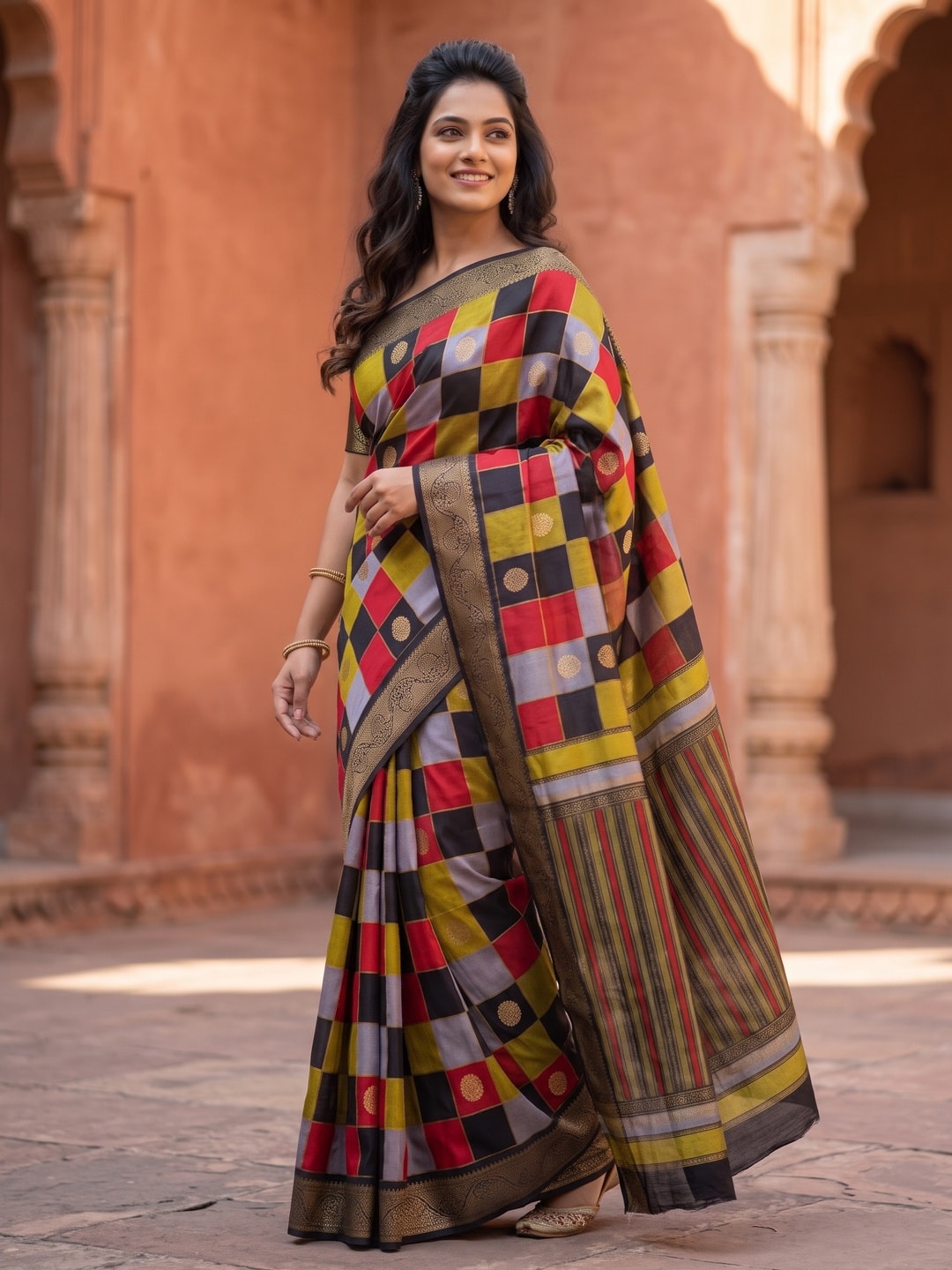 Peachmode Red Marshmallow Self Jacquard Weaving Saree With Fancy Foil Print Multicolour Check Design - Image 3