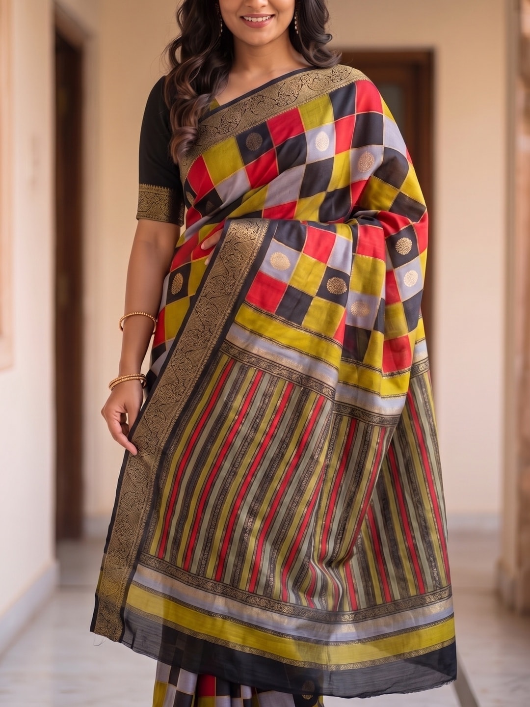Peachmode Red Marshmallow Self Jacquard Weaving Saree With Fancy Foil Print Multicolour Check Design - Image 5