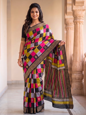 Peachmode Pink Marshmallow Self Jacquard Weaving Saree With Fancy Foil Print Multicolour Check Design - Image 1