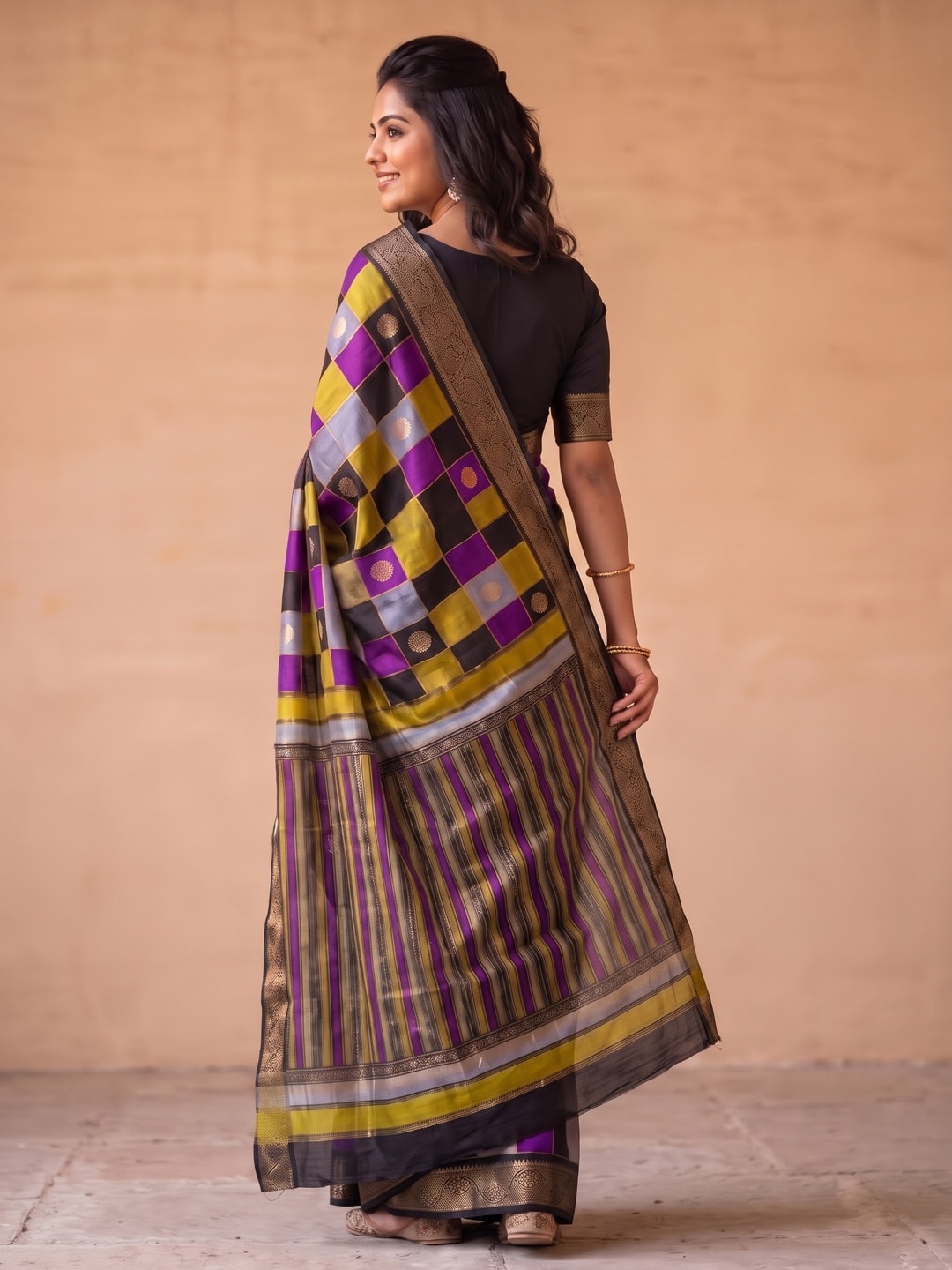 Peachmode Purple Marshmallow Self Jacquard Weaving Saree With Fancy Foil Print Multicolour Check Design - Image 2