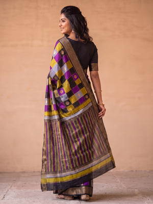Peachmode Purple Marshmallow Self Jacquard Weaving Saree With Fancy Foil Print Multicolour Check Design - Image 2