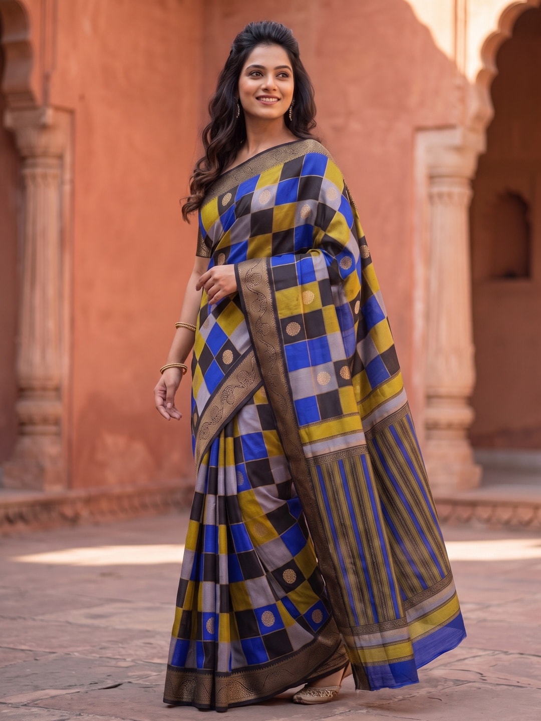 Peachmode Royal Blue Marshmallow Self Jacquard Weaving Saree With Fancy Foil Print Multicolour Check Design - Image 3