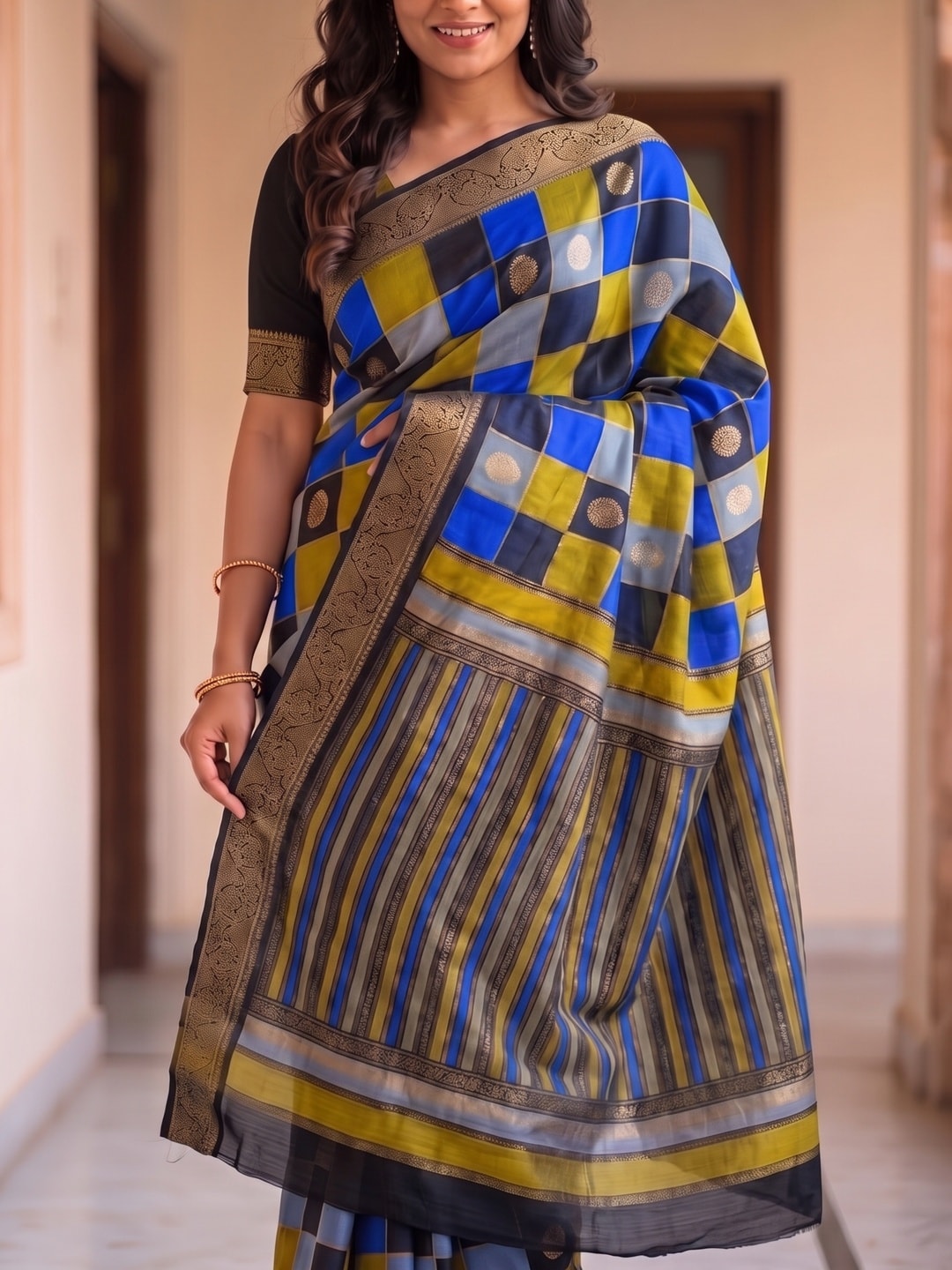Peachmode Royal Blue Marshmallow Self Jacquard Weaving Saree With Fancy Foil Print Multicolour Check Design - Image 5