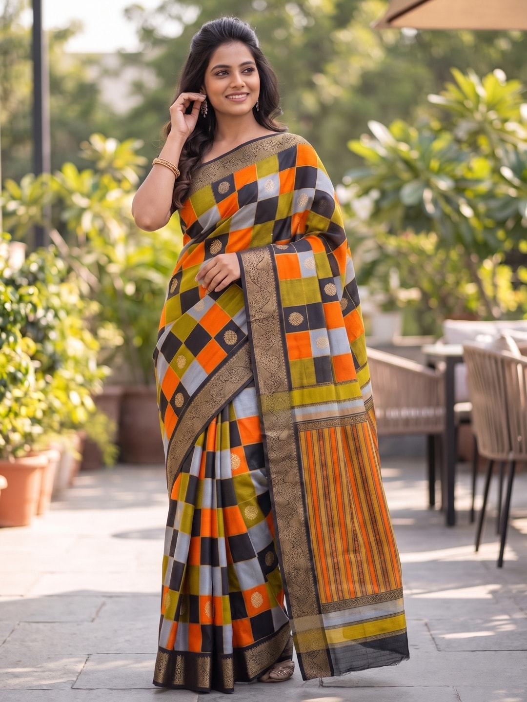 Peachmode Orange Marshmallow Self Jacquard Weaving Saree With Fancy Foil Print Multicolour Check Design - Image 4