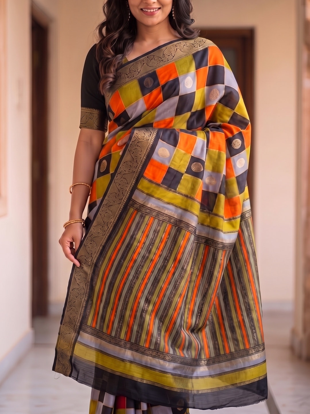 Peachmode Orange Marshmallow Self Jacquard Weaving Saree With Fancy Foil Print Multicolour Check Design - Image 5