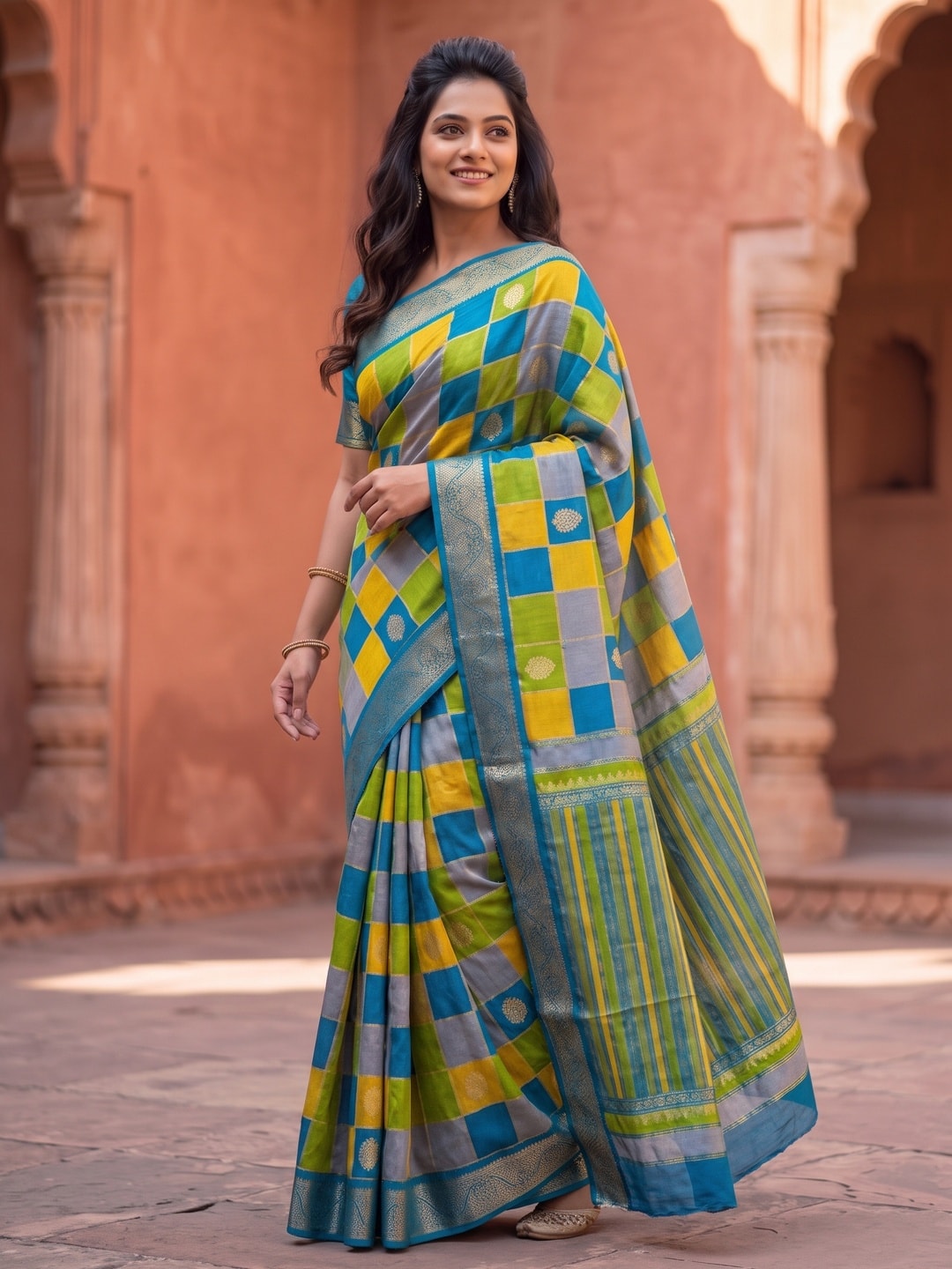 Peachmode Turquoise Marshmallow Self Jacquard Weaving Saree With Fancy Foil Print Multicolour Check Design - Image 3