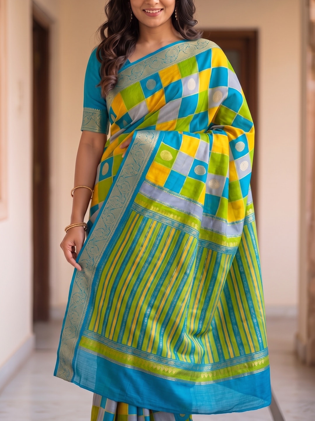 Peachmode Turquoise Marshmallow Self Jacquard Weaving Saree With Fancy Foil Print Multicolour Check Design - Image 5
