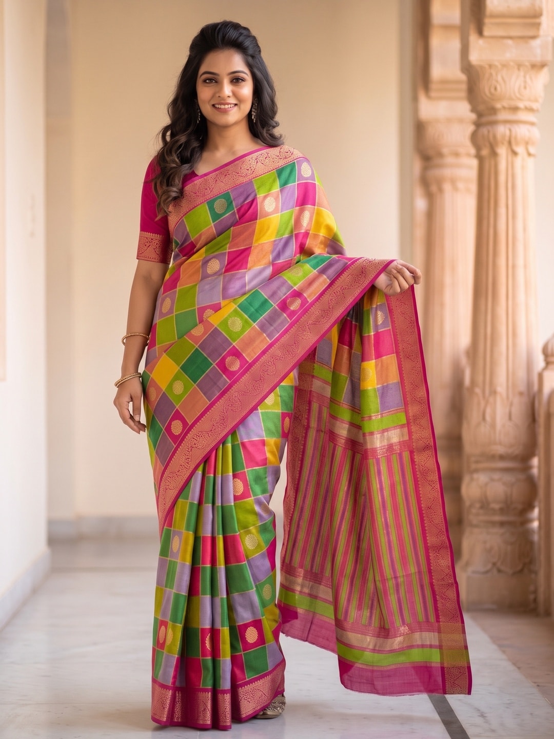 Peachmode Rani Marshmallow Self Jacquard Weaving Saree With Fancy Foil Print Multicolour Check Design - Image 1