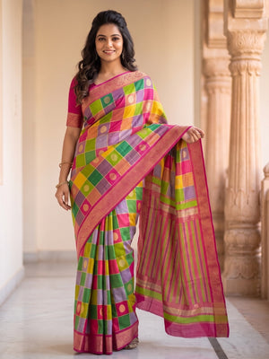 Peachmode Rani Marshmallow Self Jacquard Weaving Saree With Fancy Foil Print Multicolour Check Design - Image 1