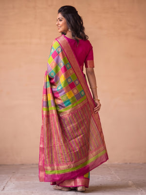 Peachmode Rani Marshmallow Self Jacquard Weaving Saree With Fancy Foil Print Multicolour Check Design - Image 2