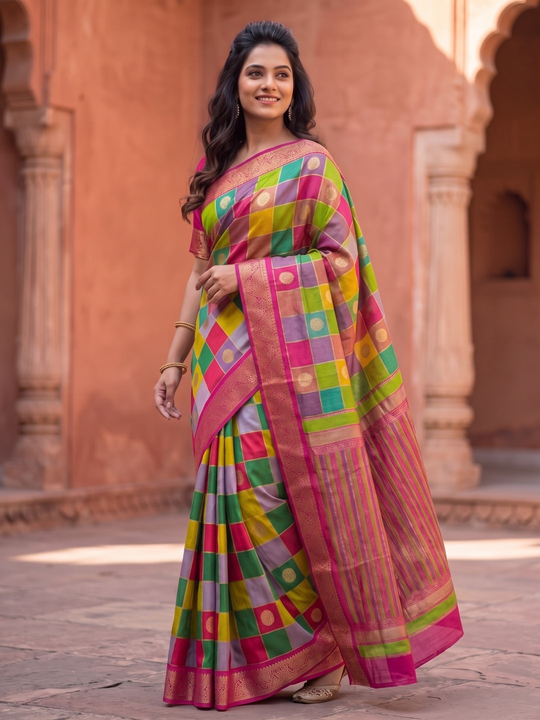 Peachmode Rani Marshmallow Self Jacquard Weaving Saree With Fancy Foil Print Multicolour Check Design - Image 3