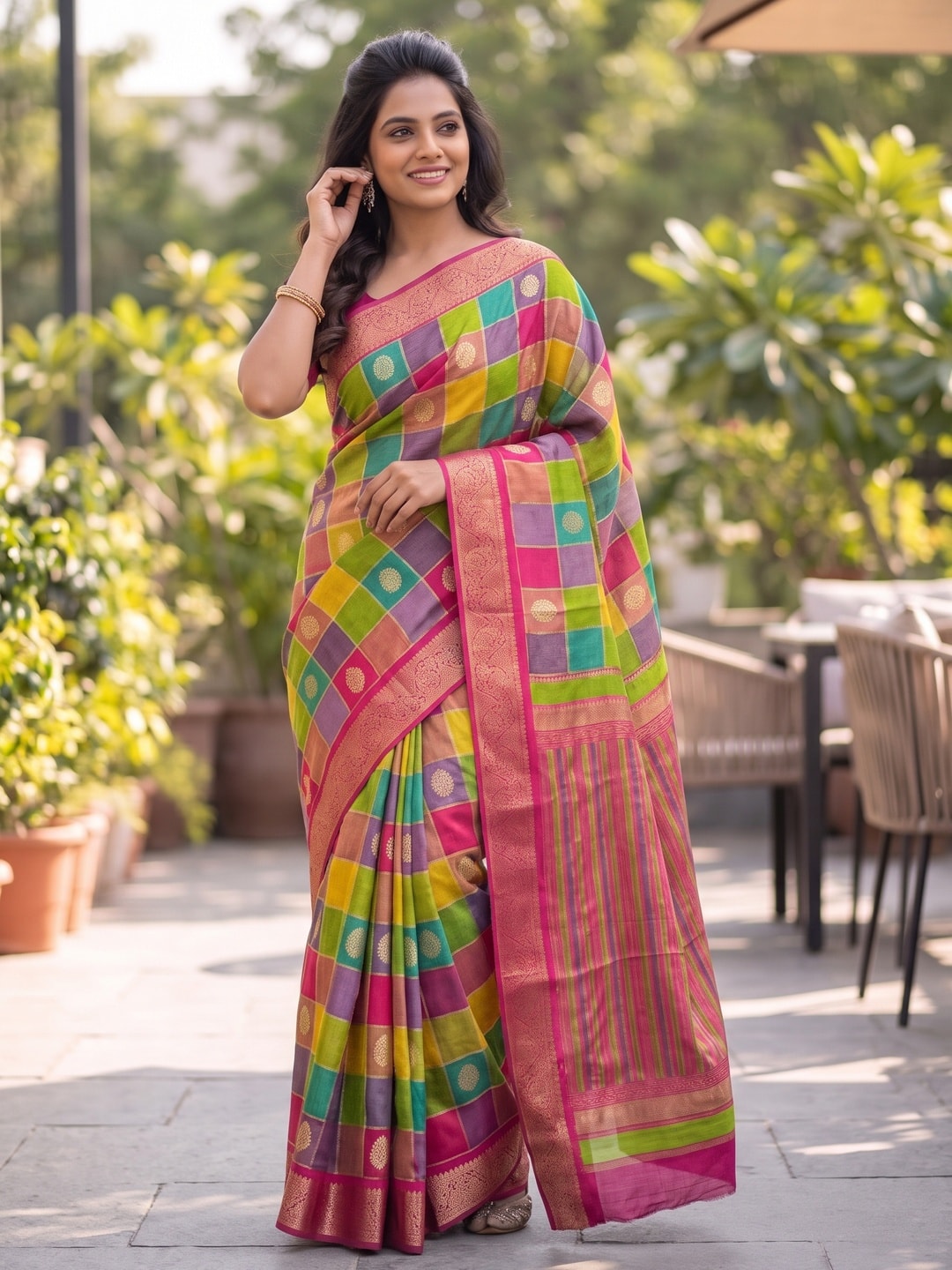 Peachmode Rani Marshmallow Self Jacquard Weaving Saree With Fancy Foil Print Multicolour Check Design - Image 4