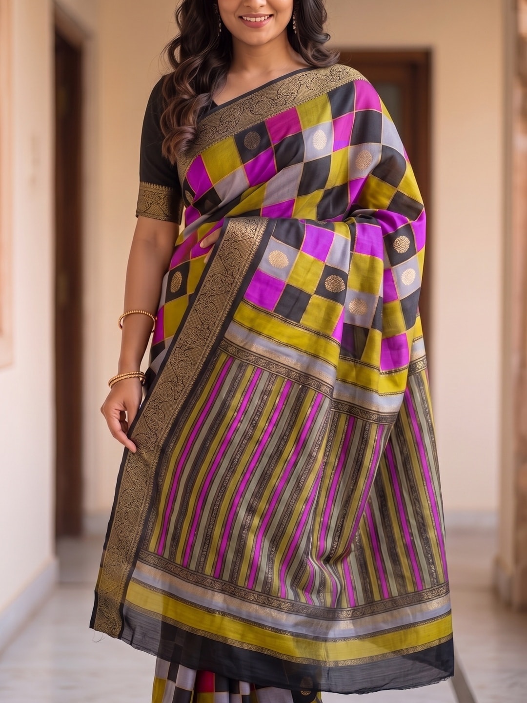 Peachmode Magenta Marshmallow Self Jacquard Weaving Saree With Fancy Foil Print Multicolour Check Design - Image 5