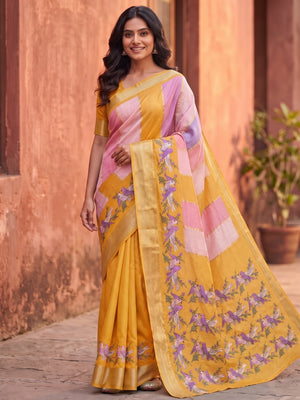 Peachmode Mustard Marshmallow Self Jacquard Weaving Saree With Fancy Foil Print Bird And Floral Design - Image 1