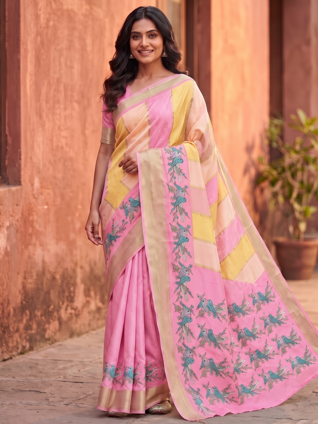 Peachmode Baby Pink Marshmallow Self Jacquard Weaving Saree With Fancy Foil Print Bird And Floral Design - Image 1