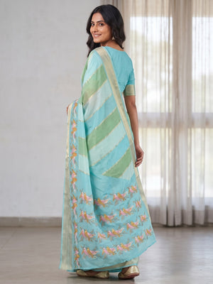 Peachmode Sky Blue Marshmallow Self Jacquard Weaving Saree With Fancy Foil Print Bird And Floral Design - Image 2