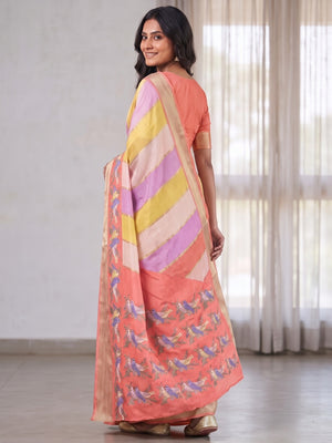 Peachmode Peach Marshmallow Self Jacquard Weaving Saree With Fancy Foil Print Bird And Floral Design - Image 2