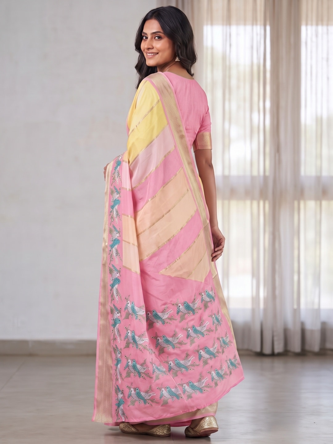 Peachmode Baby Pink Marshmallow Self Jacquard Weaving Saree With Fancy Foil Print Bird And Floral Design - Image 2