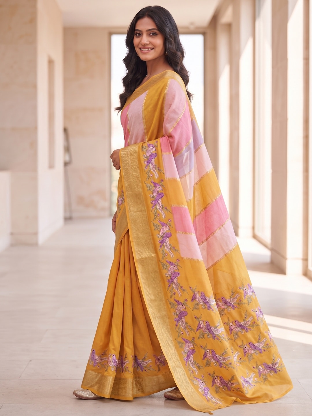Peachmode Mustard Marshmallow Self Jacquard Weaving Saree With Fancy Foil Print Bird And Floral Design - Image 3