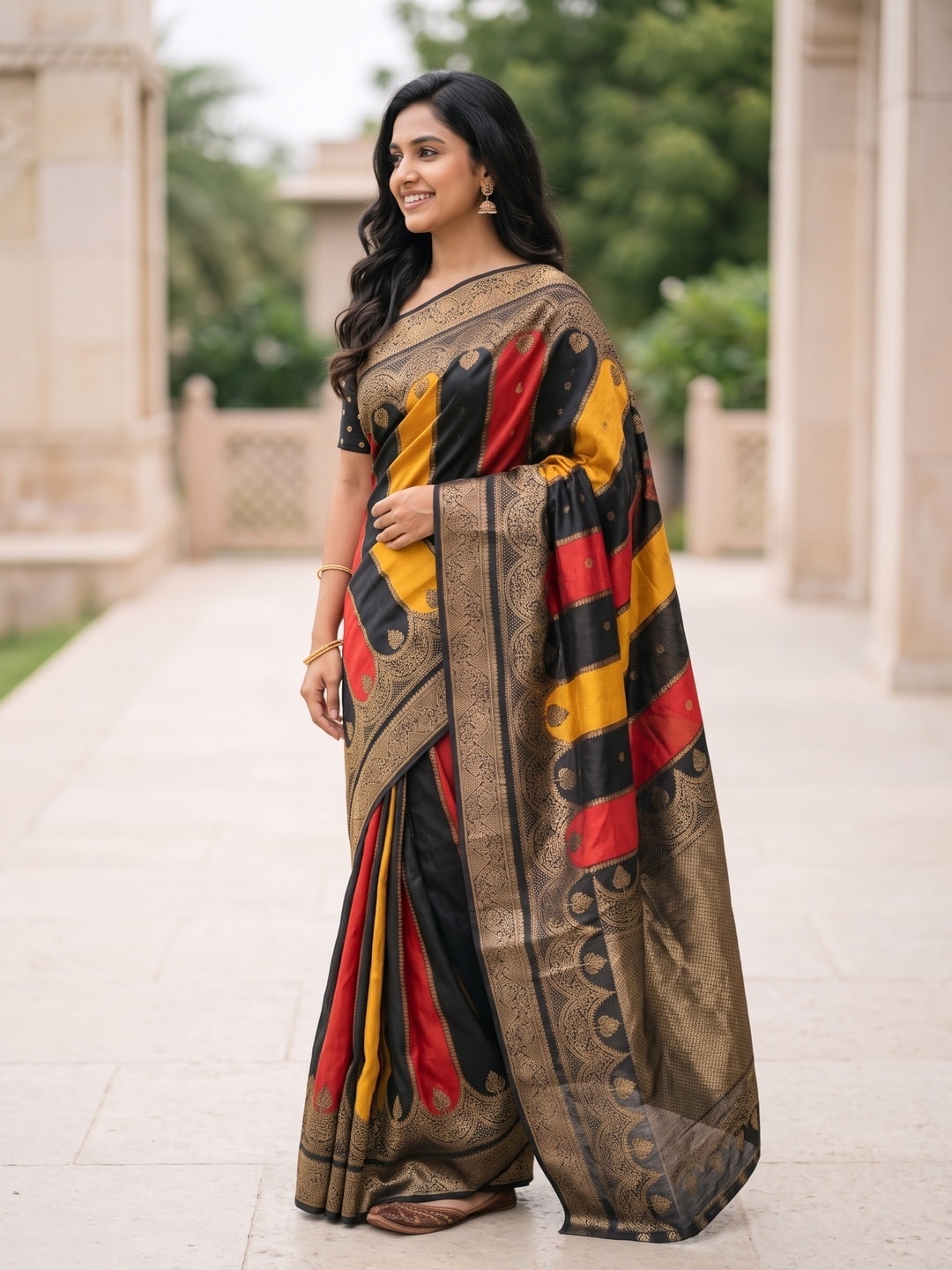Peachmode Black & Red Marshmallow Self Jacquard Weaving Saree With Fancy Foil Print Colour Block Pallu And Heavy Zari Border - Image 3