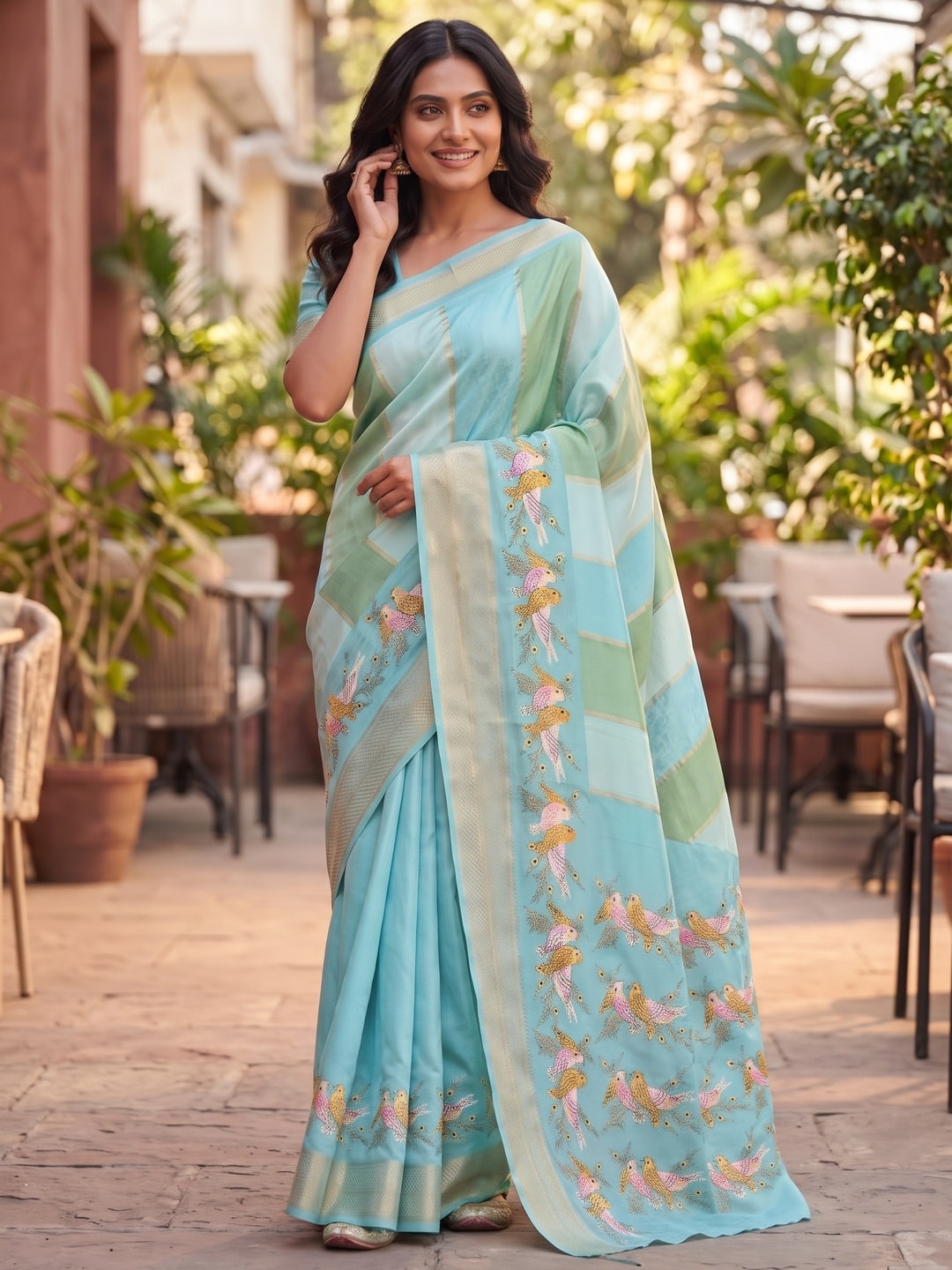 Peachmode Sky Blue Marshmallow Self Jacquard Weaving Saree With Fancy Foil Print Bird And Floral Design - Image 4