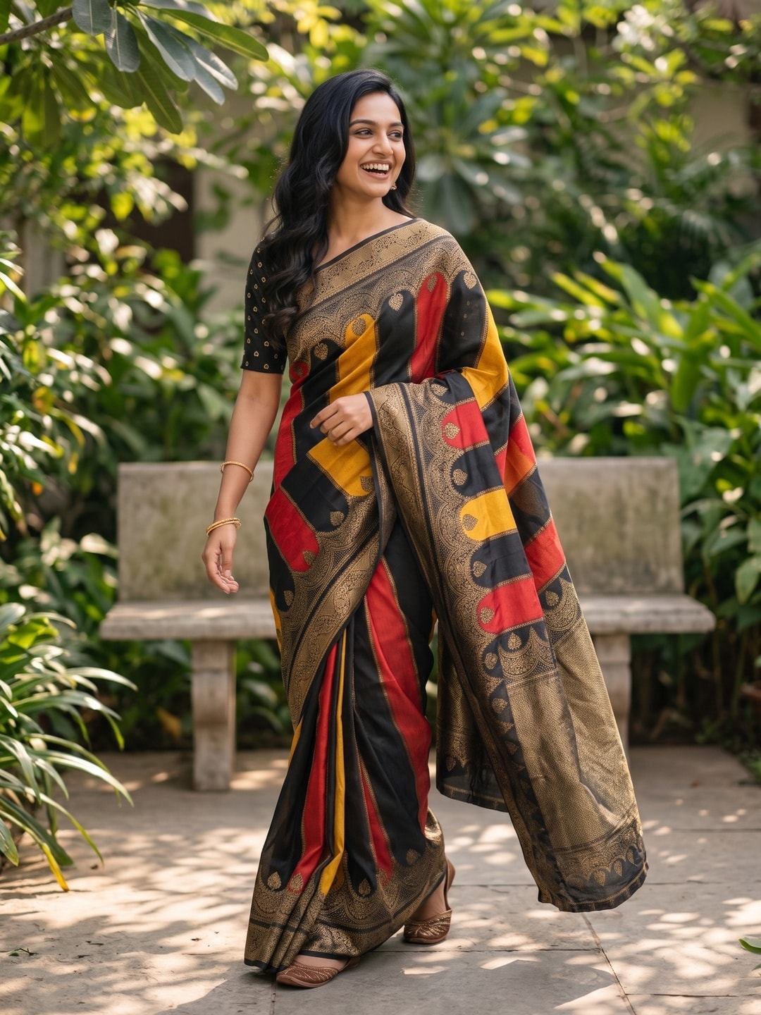 Peachmode Black & Red Marshmallow Self Jacquard Weaving Saree With Fancy Foil Print Colour Block Pallu And Heavy Zari Border - Image 4