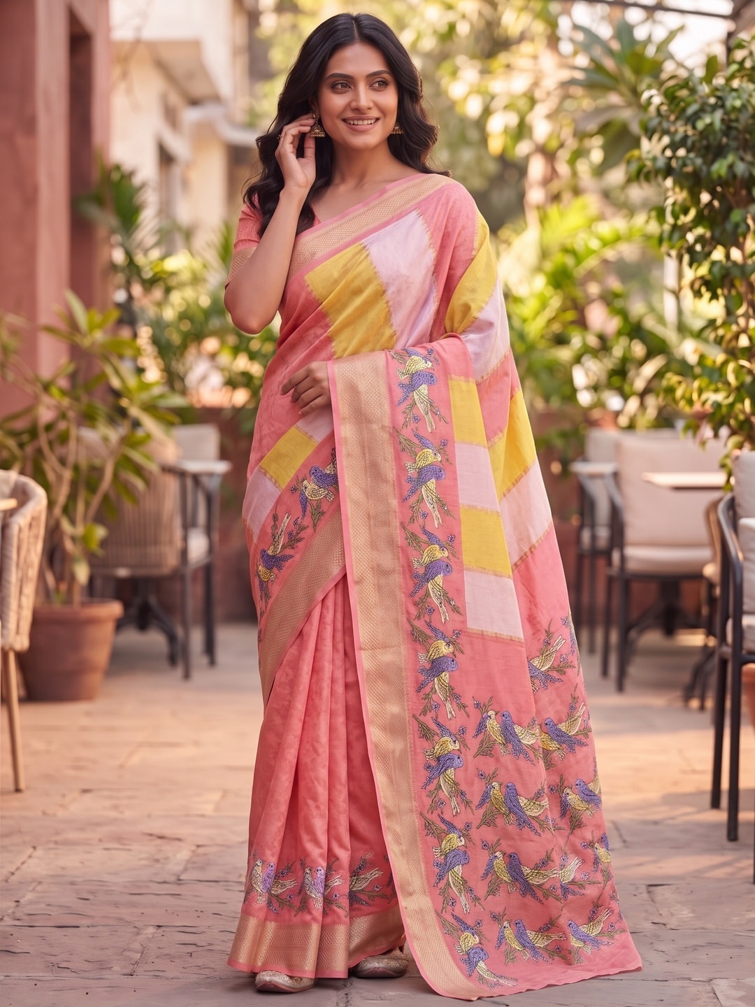 Peachmode Peach Marshmallow Self Jacquard Weaving Saree With Fancy Foil Print Bird And Floral Design - Image 4