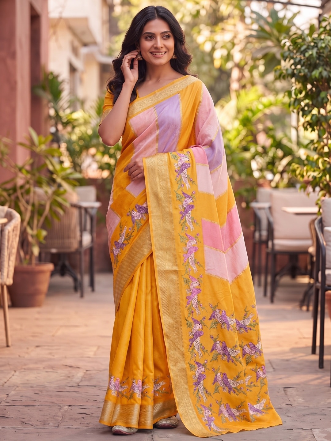 Peachmode Mustard Marshmallow Self Jacquard Weaving Saree With Fancy Foil Print Bird And Floral Design - Image 4