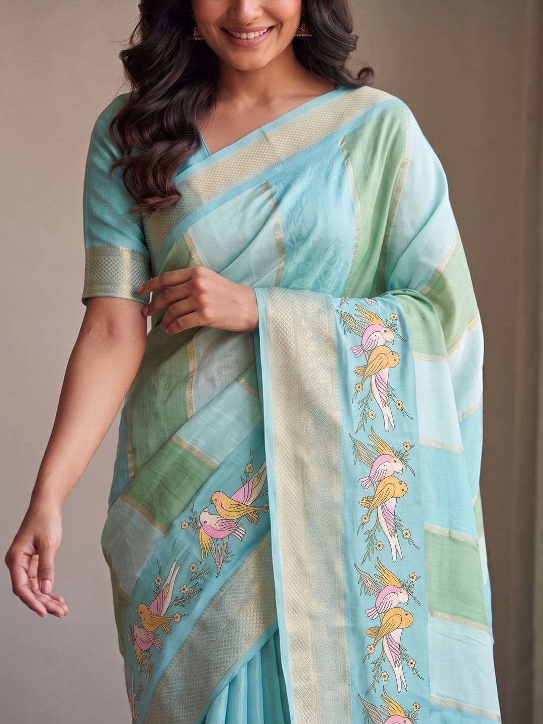 Peachmode Sky Blue Marshmallow Self Jacquard Weaving Saree With Fancy Foil Print Bird And Floral Design - Image 5