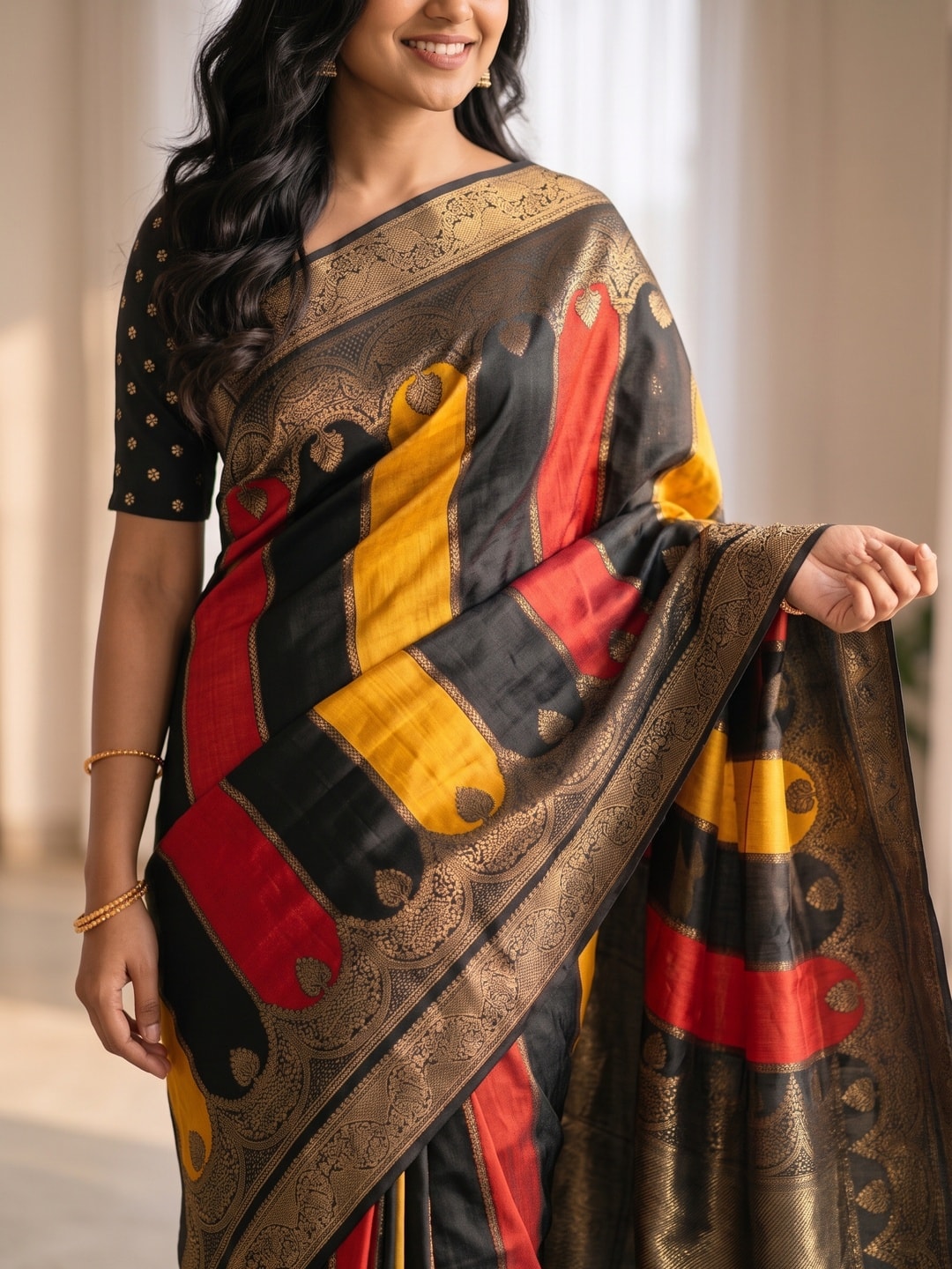 Peachmode Black & Red Marshmallow Self Jacquard Weaving Saree With Fancy Foil Print Colour Block Pallu And Heavy Zari Border - Image 5