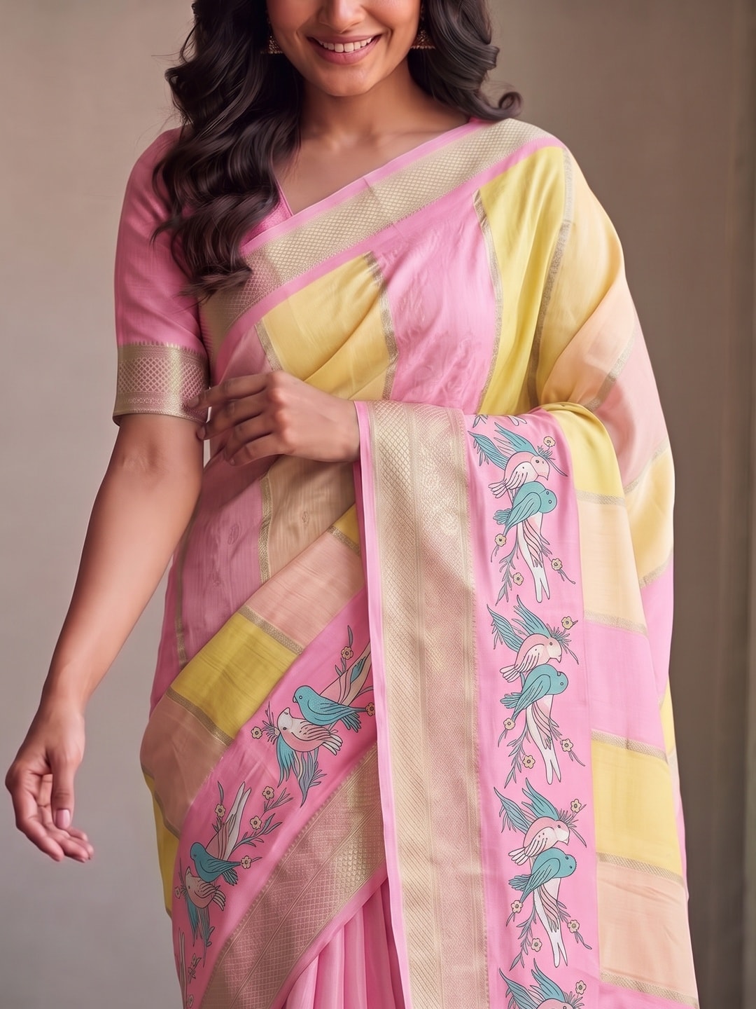 Peachmode Baby Pink Marshmallow Self Jacquard Weaving Saree With Fancy Foil Print Bird And Floral Design - Image 5