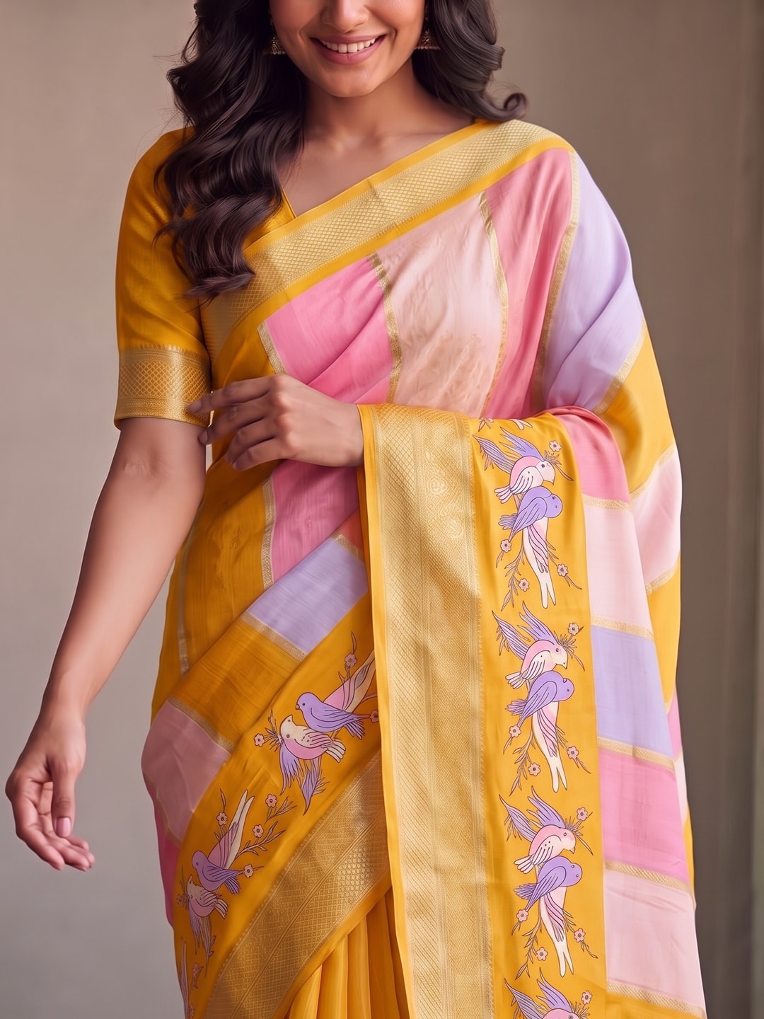 Peachmode Mustard Marshmallow Self Jacquard Weaving Saree With Fancy Foil Print Bird And Floral Design - Image 5