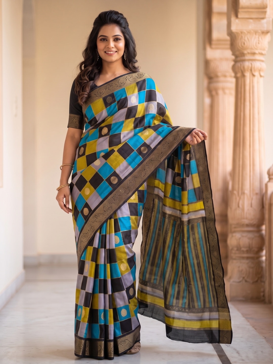 Peachmode Sky Blue Marshmallow Self Jacquard Weaving Saree With Fancy Foil Print Multicolour Check Design - Image 1