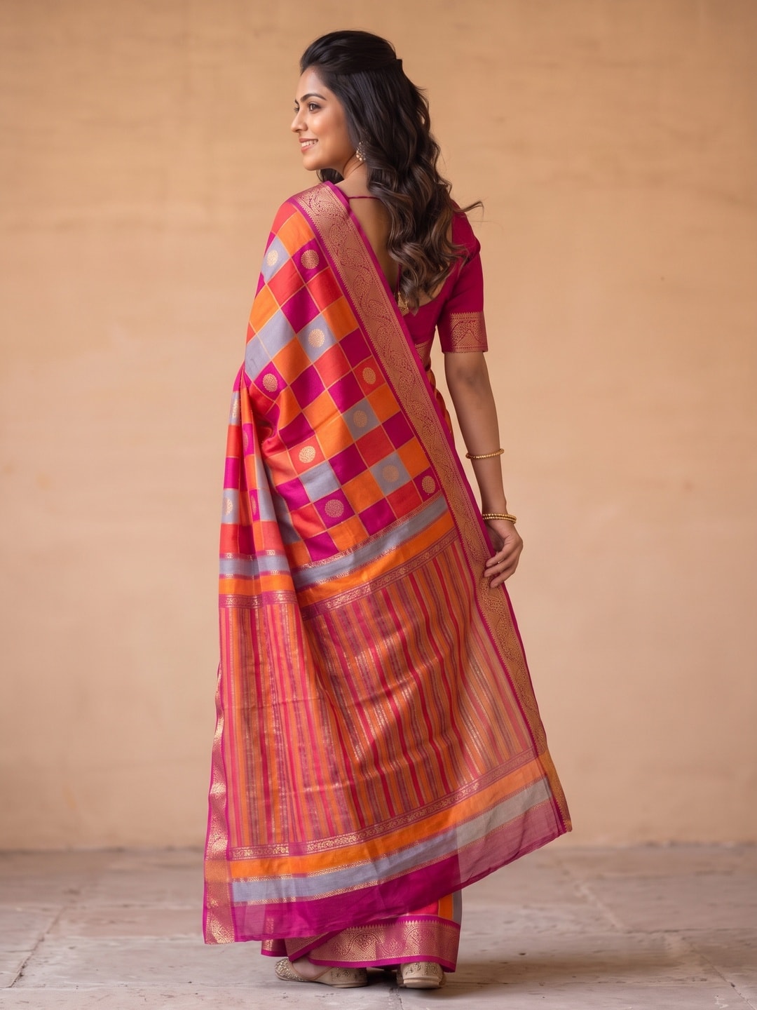 Peachmode Coral Marshmallow Self Jacquard Weaving Saree With Fancy Foil Print Multicolour Check Design - Image 2
