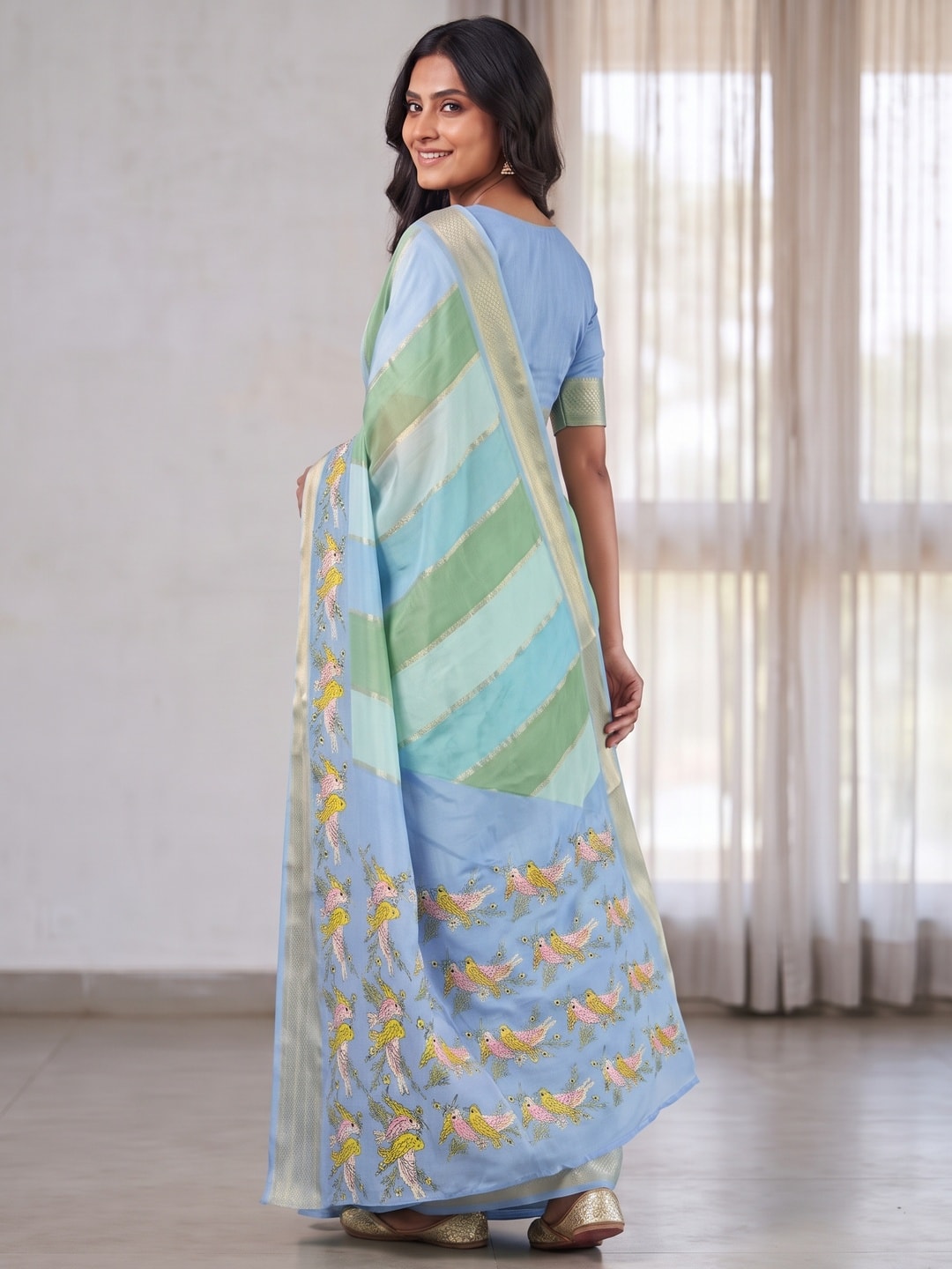 Peachmode Powder Blue Marshmallow Self Jacquard Weaving Saree With Fancy Foil Print Bird And Floral Design - Image 2