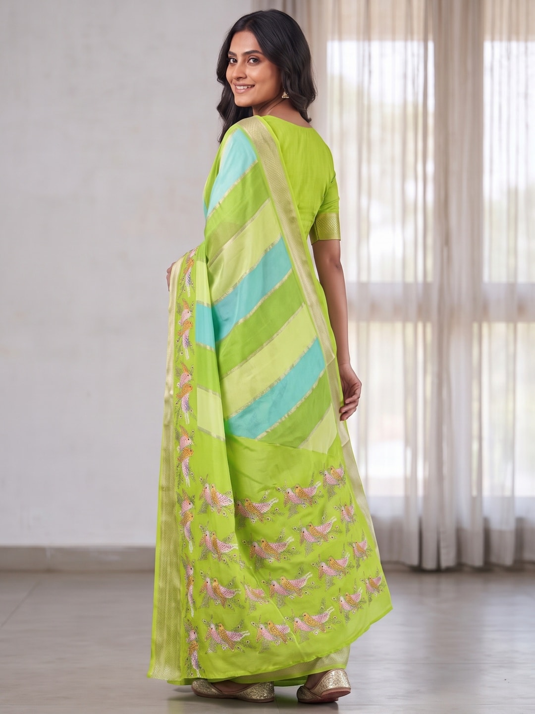 Peachmode Lime Green Marshmallow Self Jacquard Weaving Saree With Fancy Foil Print Bird And Floral Design - Image 2