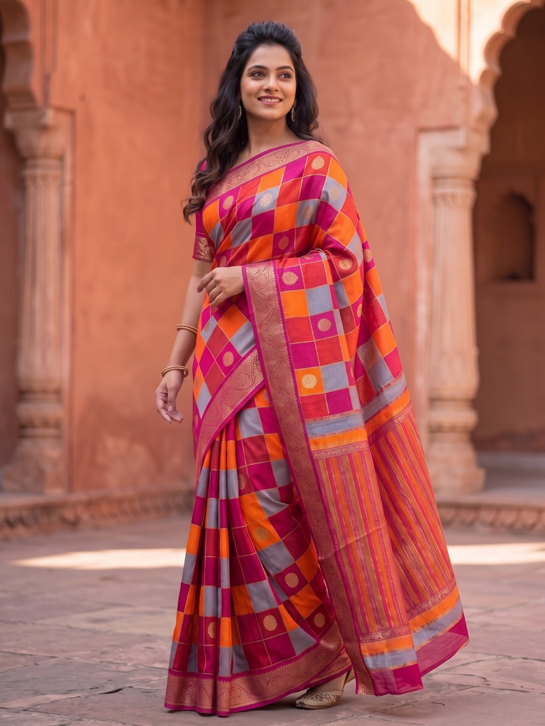 Peachmode Coral Marshmallow Self Jacquard Weaving Saree With Fancy Foil Print Multicolour Check Design - Image 3