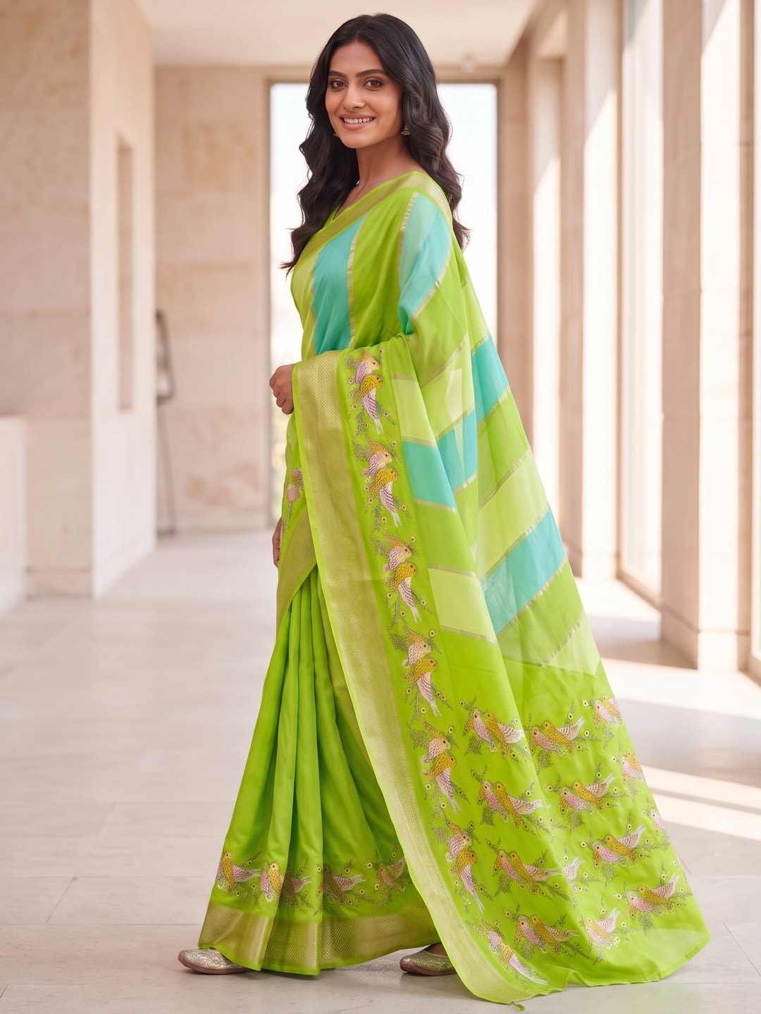 Peachmode Lime Green Marshmallow Self Jacquard Weaving Saree With Fancy Foil Print Bird And Floral Design - Image 3