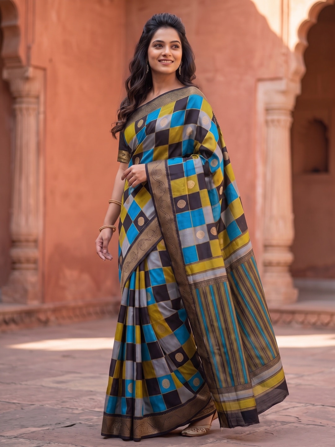 Peachmode Sky Blue Marshmallow Self Jacquard Weaving Saree With Fancy Foil Print Multicolour Check Design - Image 3