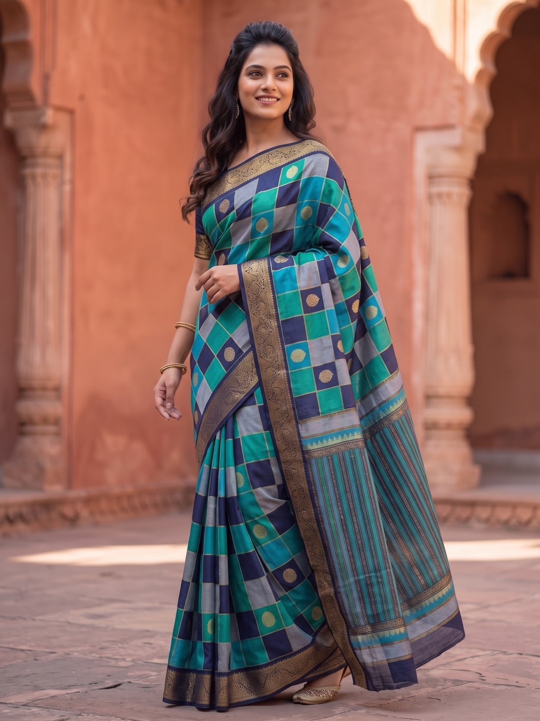 Peachmode Teal Marshmallow Self Jacquard Weaving Saree With Fancy Foil Print Multicolour Check Design - Image 3