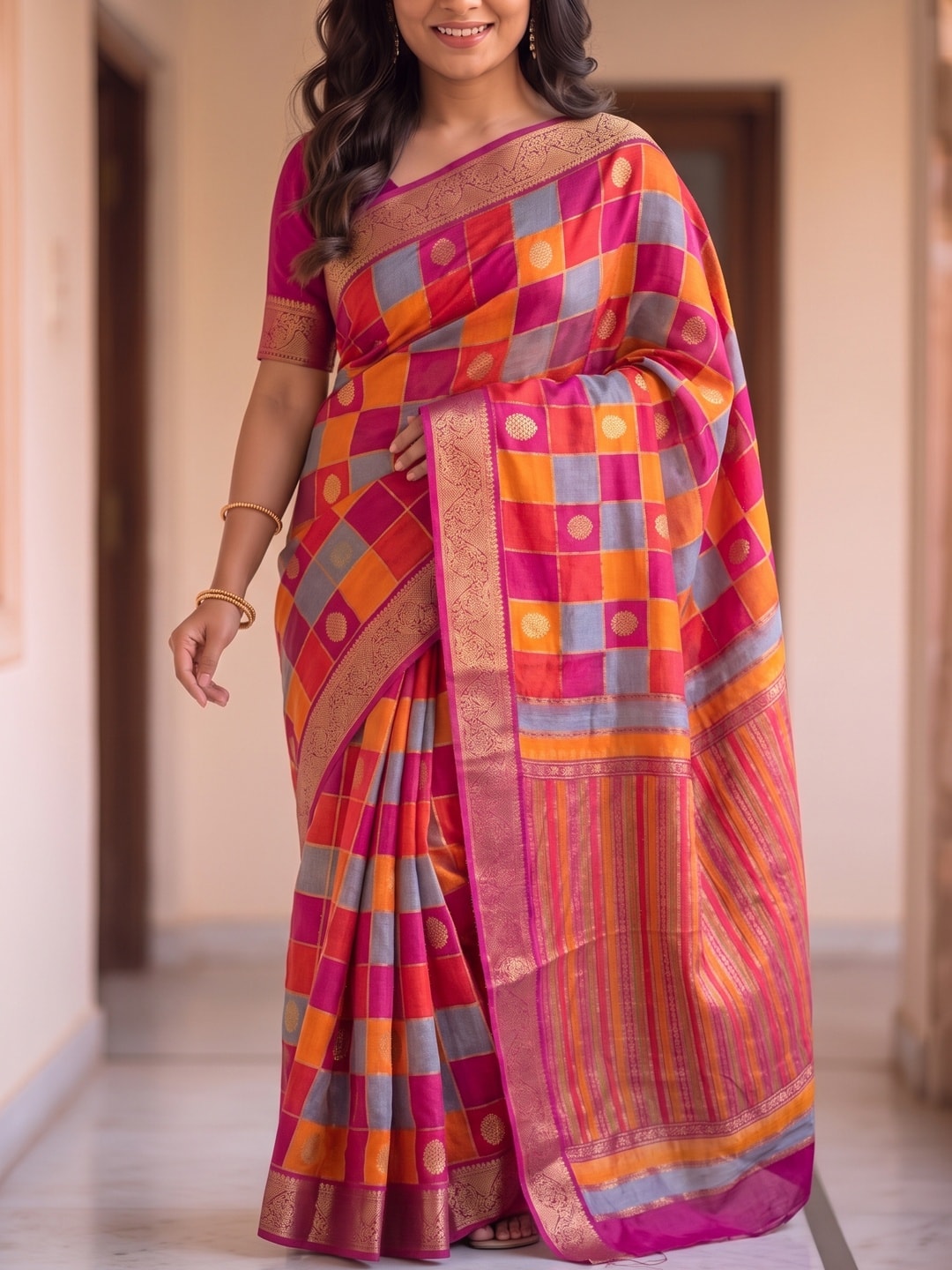 Peachmode Coral Marshmallow Self Jacquard Weaving Saree With Fancy Foil Print Multicolour Check Design - Image 5